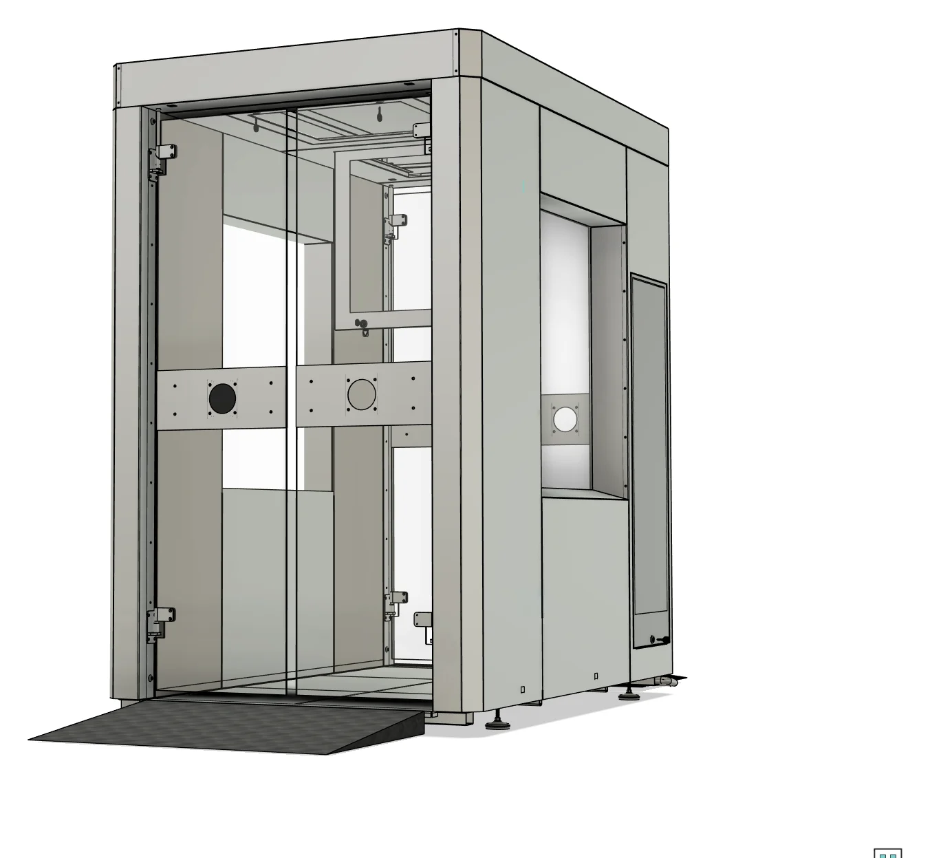 Desinfektions-Tunnel CAD-Render: Edelstahl-Gehäuse mit Schiebetüren und Einfahrtrampe
